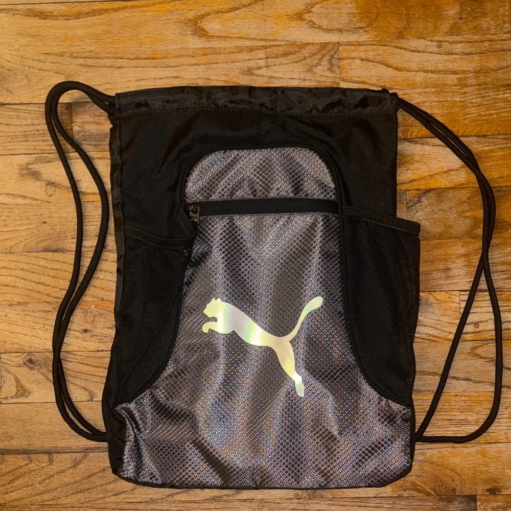 Puma Black and Gray Drawstring Backpack